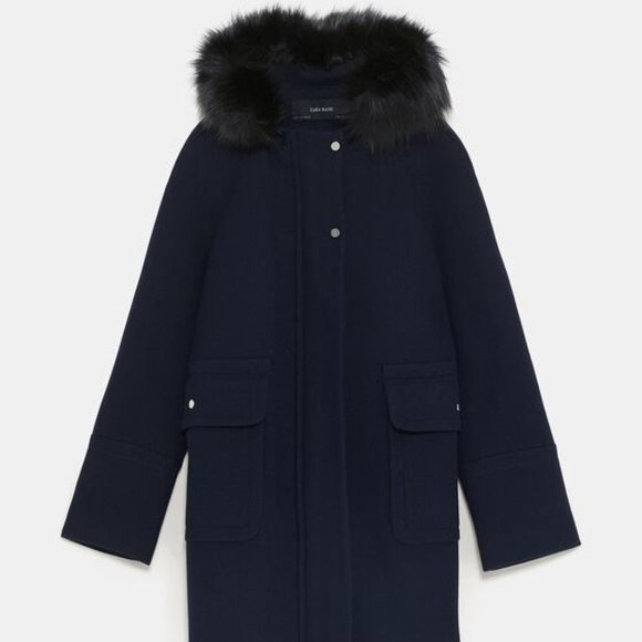 Zara Jackets & Blazers - ZARA NAVY BLUE WOOL BLEND DETACHABLE FAUX FUR HOOD COAT WITH POCKETS $129